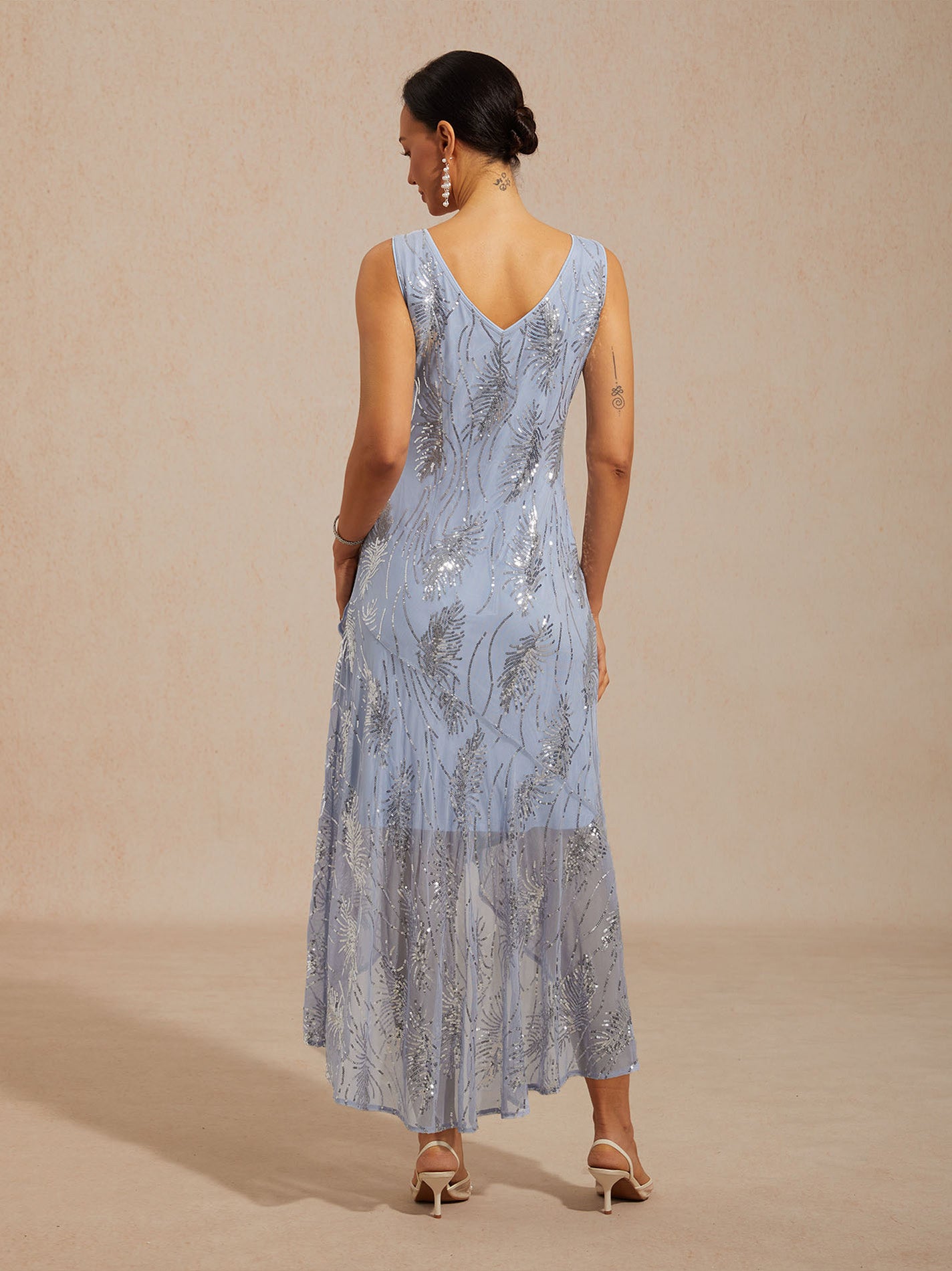 Sleeveless A-Line Maxi Dress with Mesh Sequin