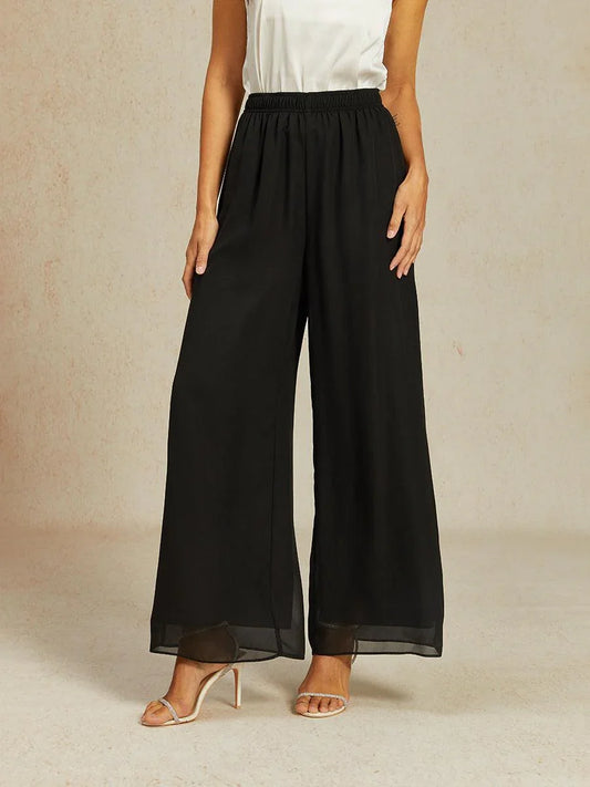 Mid-Rise Elastic Waist Wide-Leg Chiffon Pants