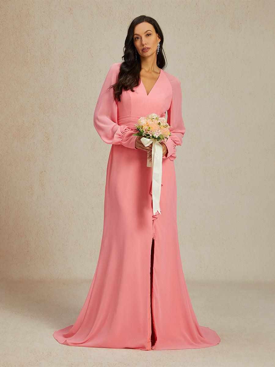 Elegant Dianthus Pink Evening Gown with Ruffle Slit