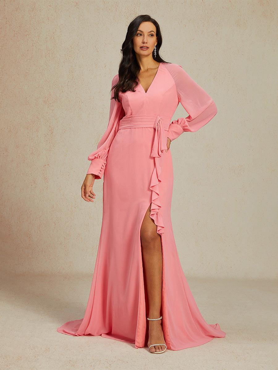 Elegant Dianthus Pink Evening Gown with Ruffle Slit