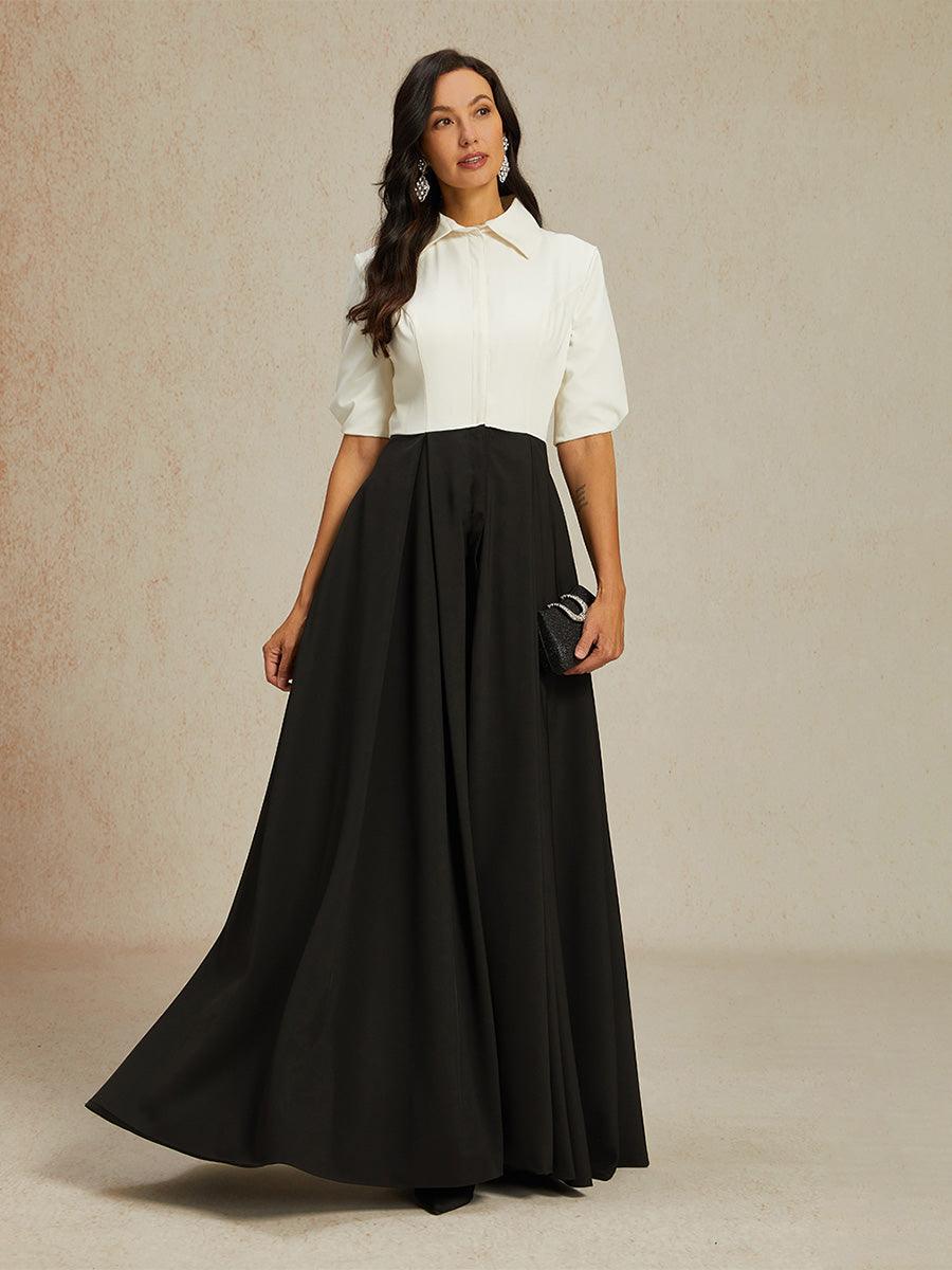 Black & White Maxi Dress with Shirt Collar