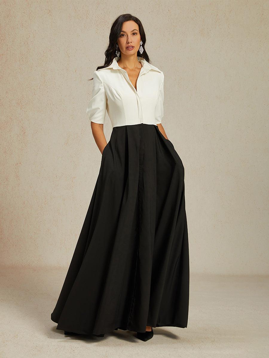Schwarz-weißes Maxikleid mit Hemdkragen