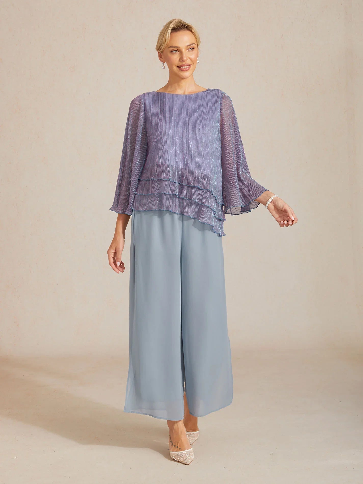 Metallische Geplooide Chiffon Asymmetrische Gelaagde Blouse