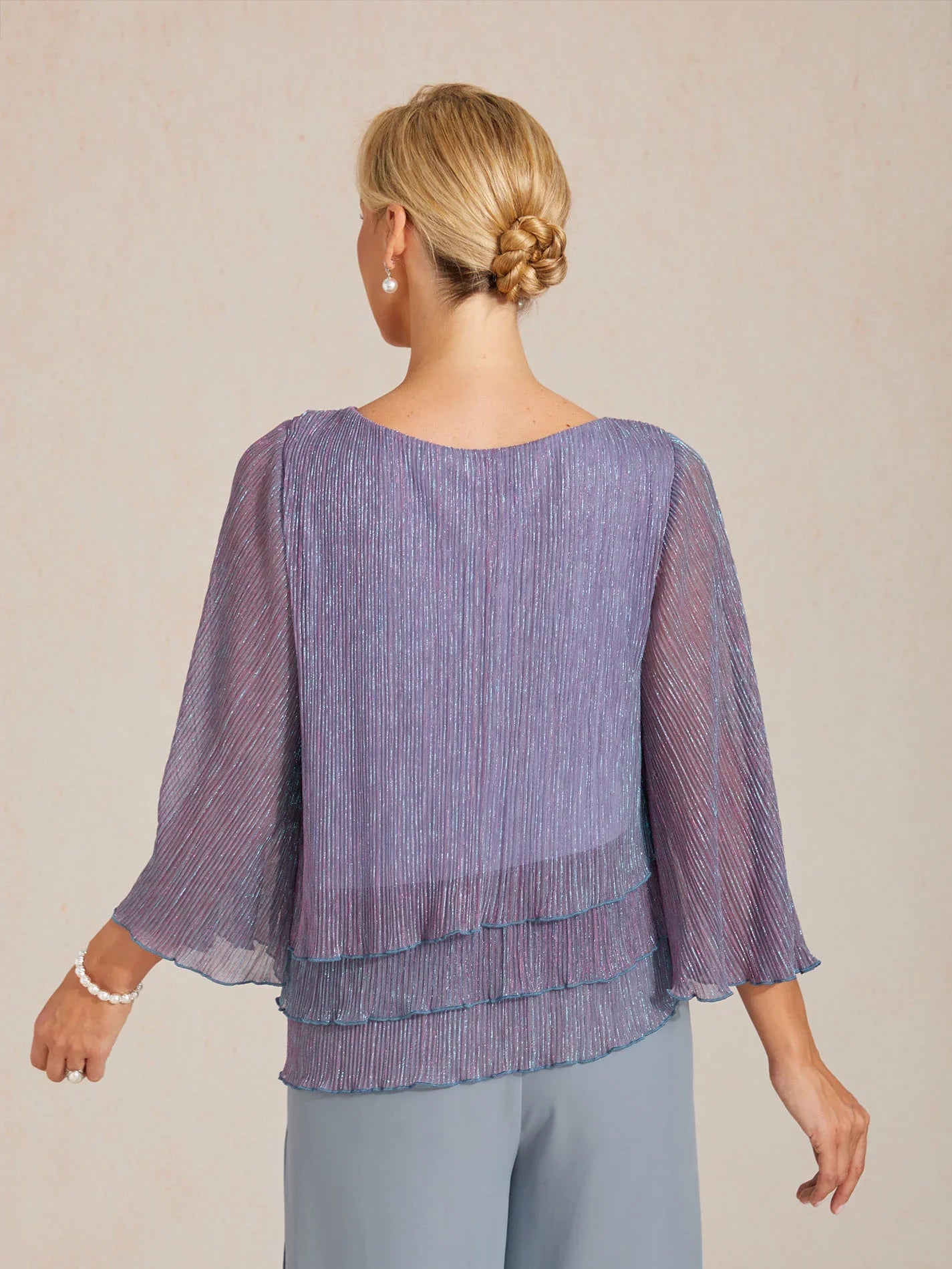 Blouse En Chiffon Plissé Métallisé Asymétrique À Volants Superposés