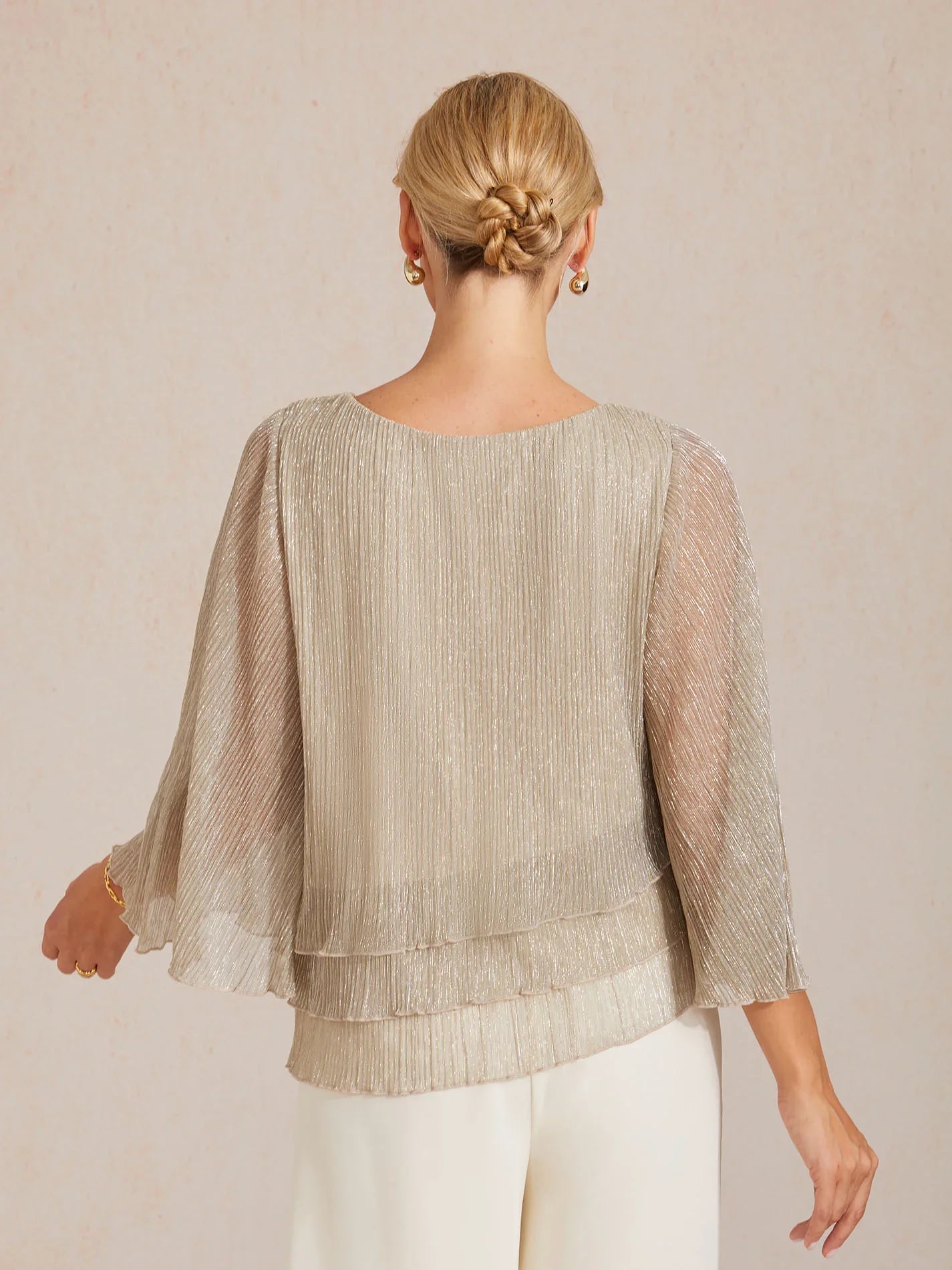 Blouse Asymétrique à Volants Superposés en Chiffon Plissé Métallisé