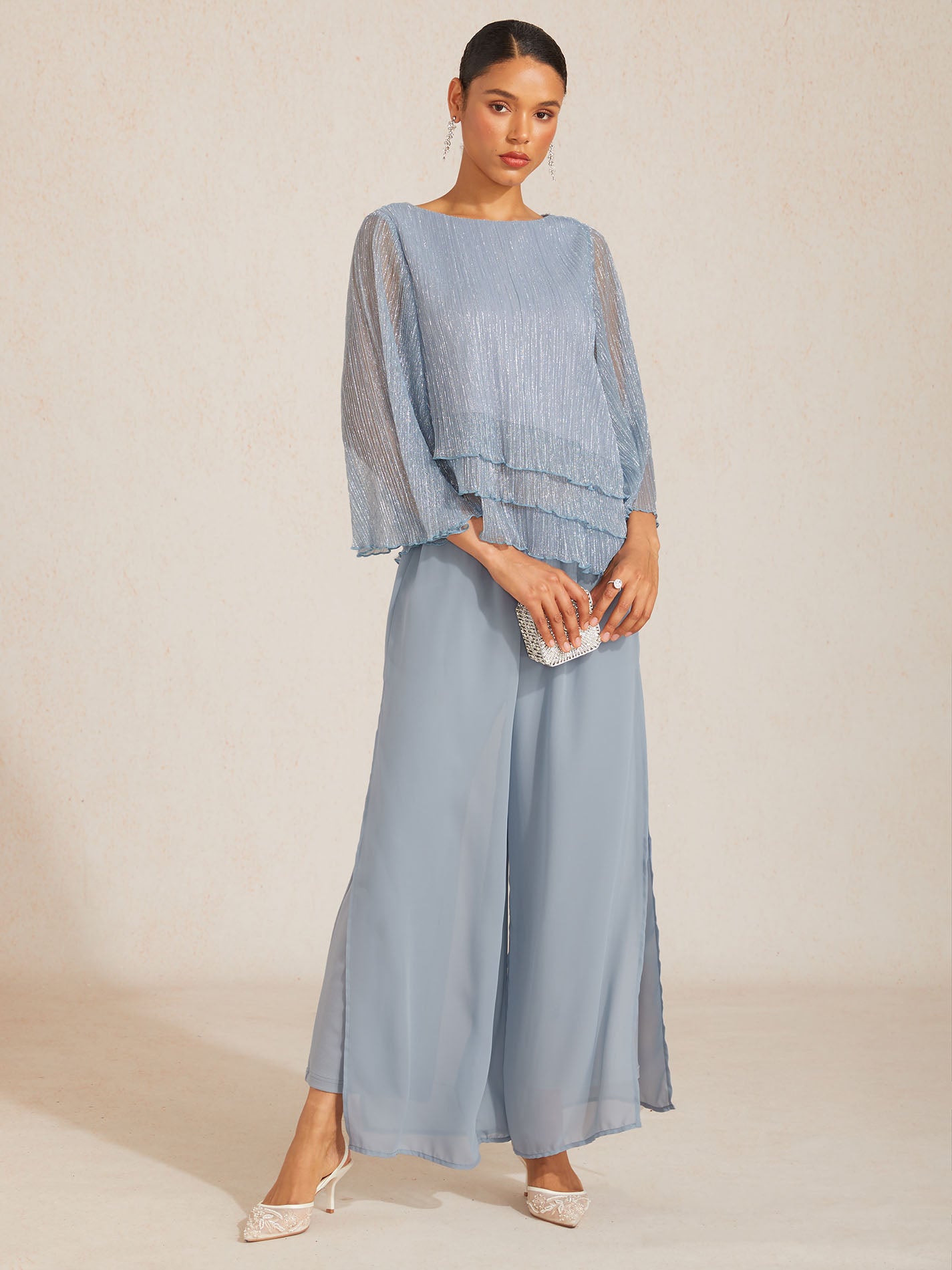 Metallic Pleated Chiffon Asymmetrical Layered Blouse