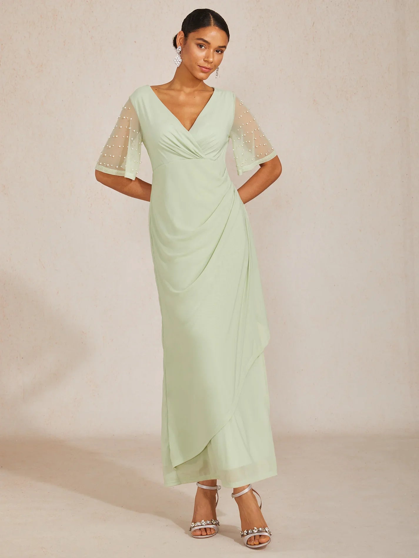 Elegant Formal Dress with Embellished Flutter Sleeves