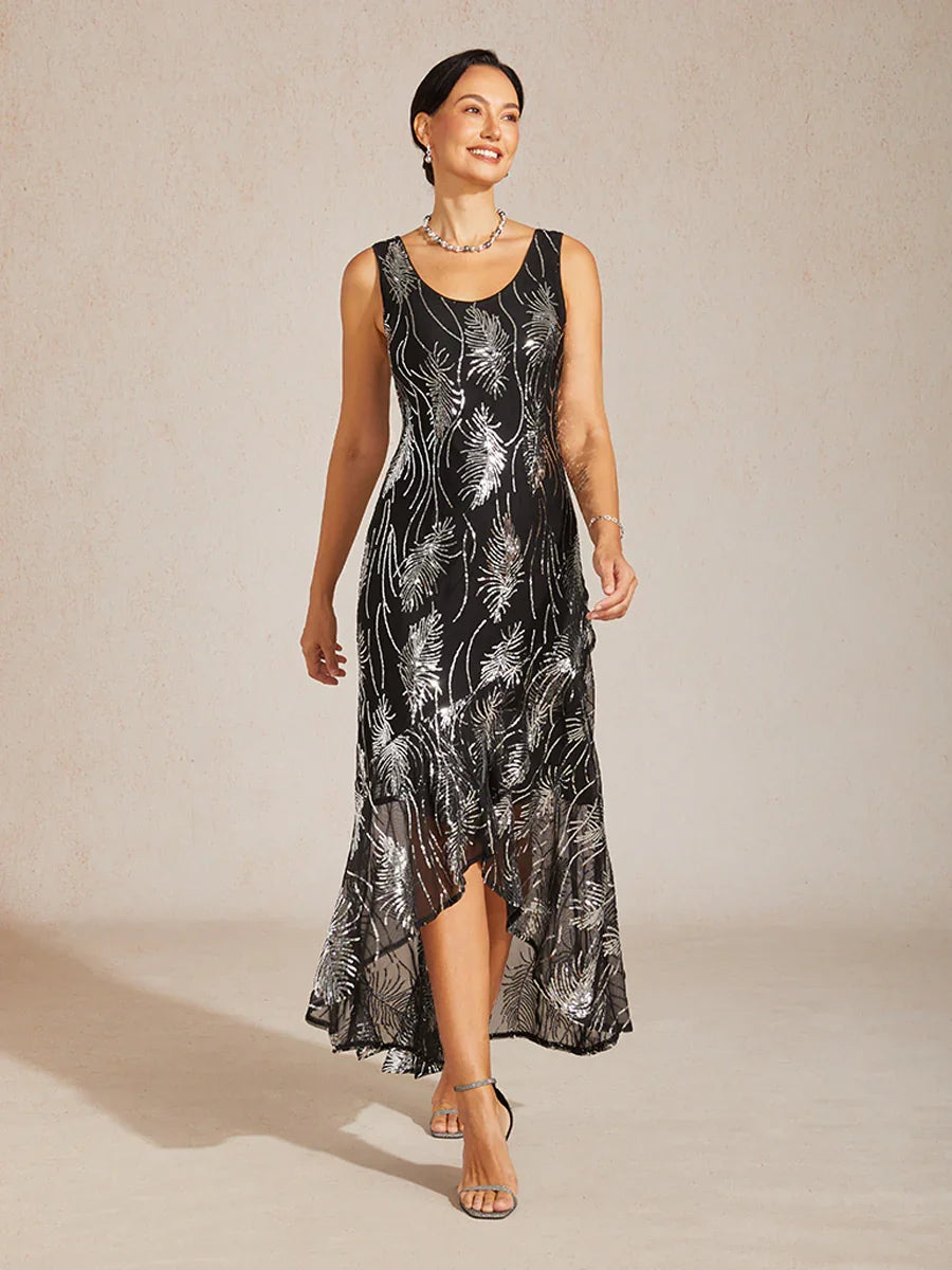 Sleeveless A-Line Maxi Dress with Mesh Sequin