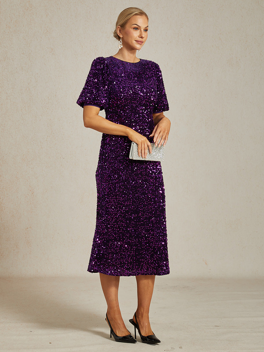 Velvet Sequin Midi Dress with Puff Sleeves
