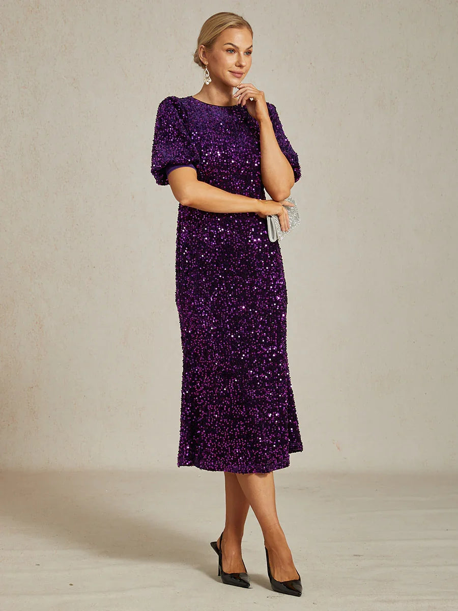 Velvet Sequin Midi Dress with Puff Sleeves