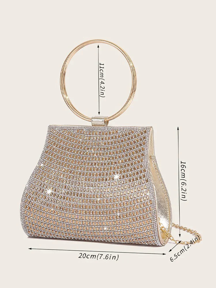 Kristall-Clutch mit goldenem Ringgriff, elegante Tasche