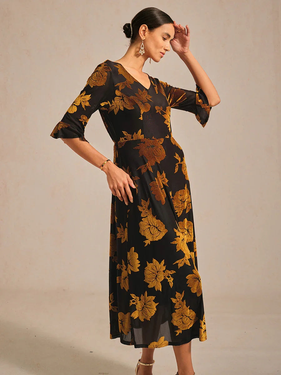 Floral A-Line Dress with Flutter Sleeves