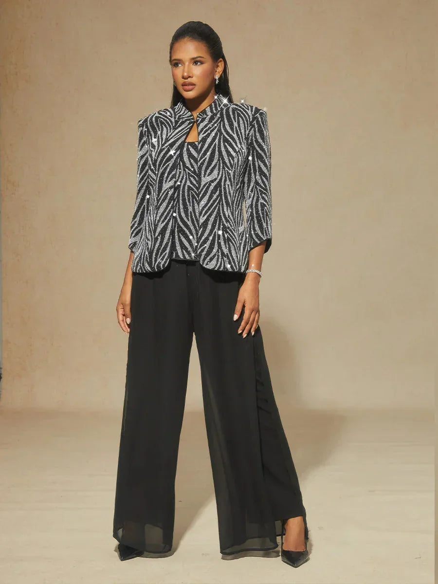Mandarin Collar Zebra Twinset And Pants 3 Piece Sets