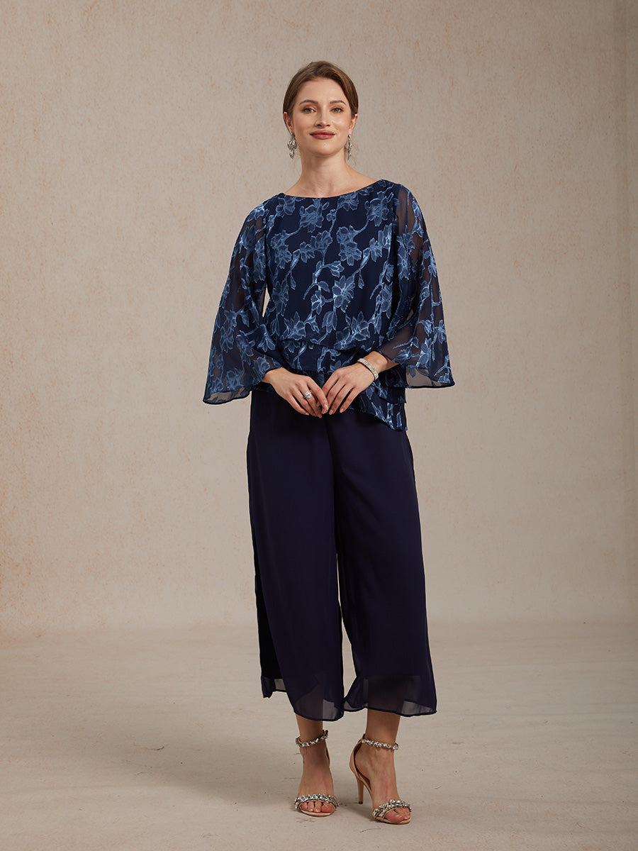 Floral Chiffon Blouse And Chiffon Pants Suit