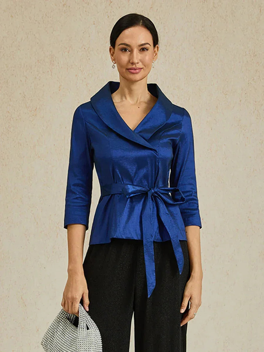 Bluse aus Stretch-Taft mit 3/4-Ärmeln und Bindedetail in der Taille