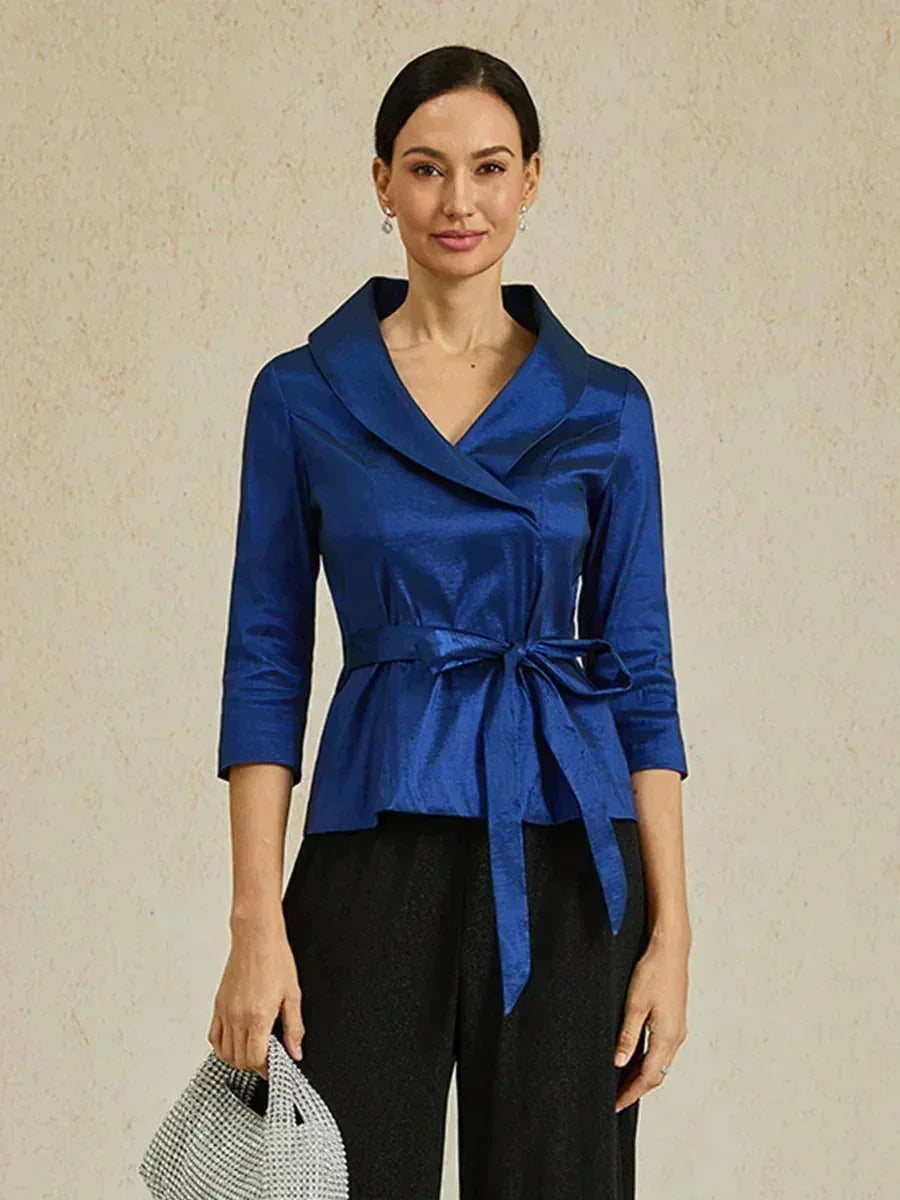 Blusa de tafetán elástico con mangas 3/4 y detalle de lazo en la cintura