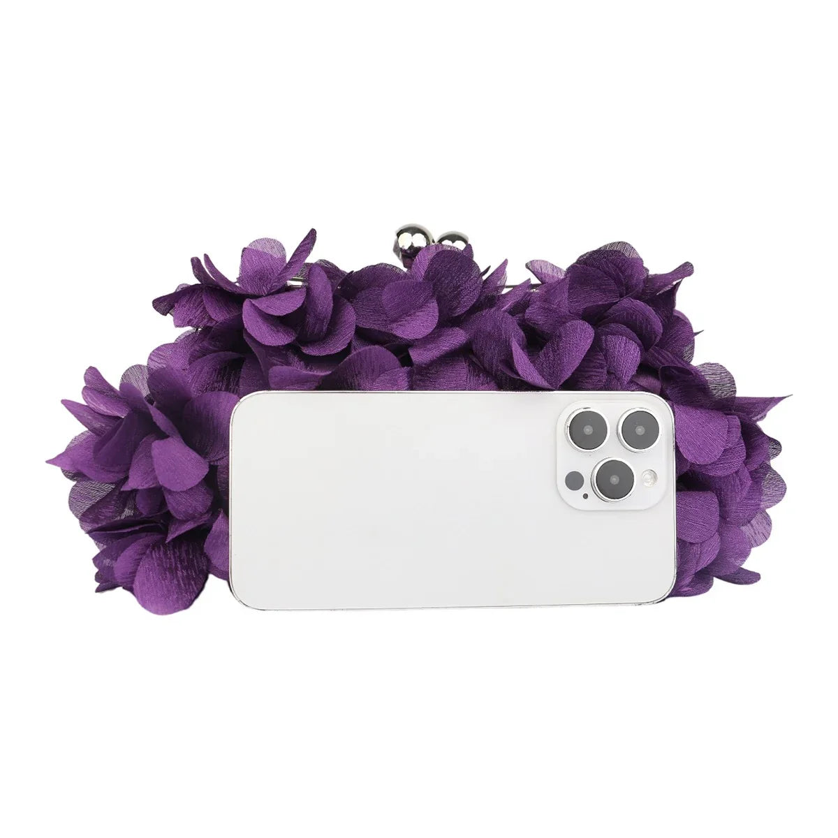 Abendclutch aus Satin mit Blumenmuster und Strasskette