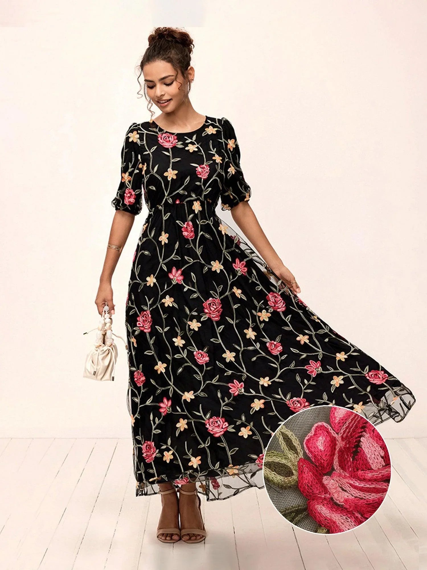 Floral Embroidered Lace Maxi Dress Black Wedding Guest A Line Elegant Puff Sleeve Vacation Daily Short Sleeve Crew Neck Summer, Black / M