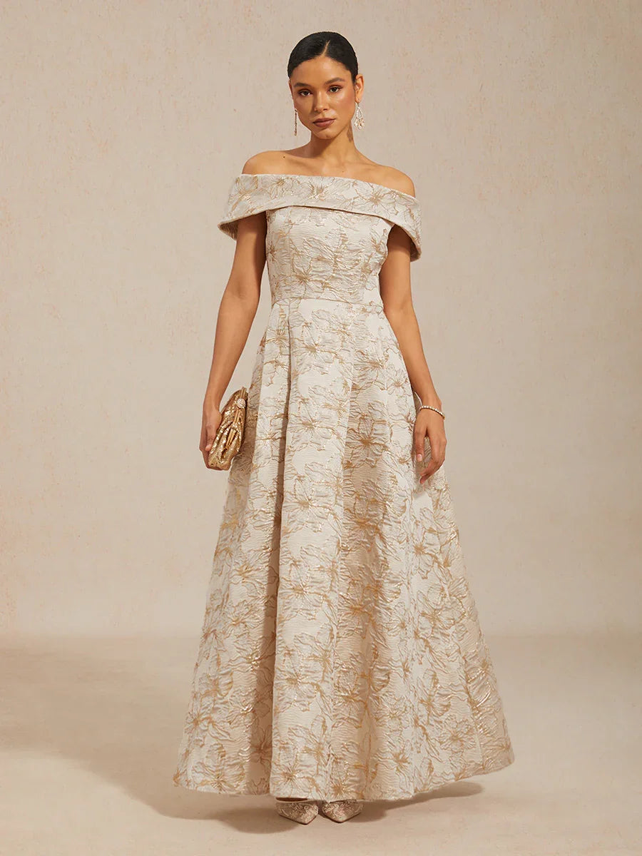 Off the Shoulder Metallic Floral Jacquard Ballgown