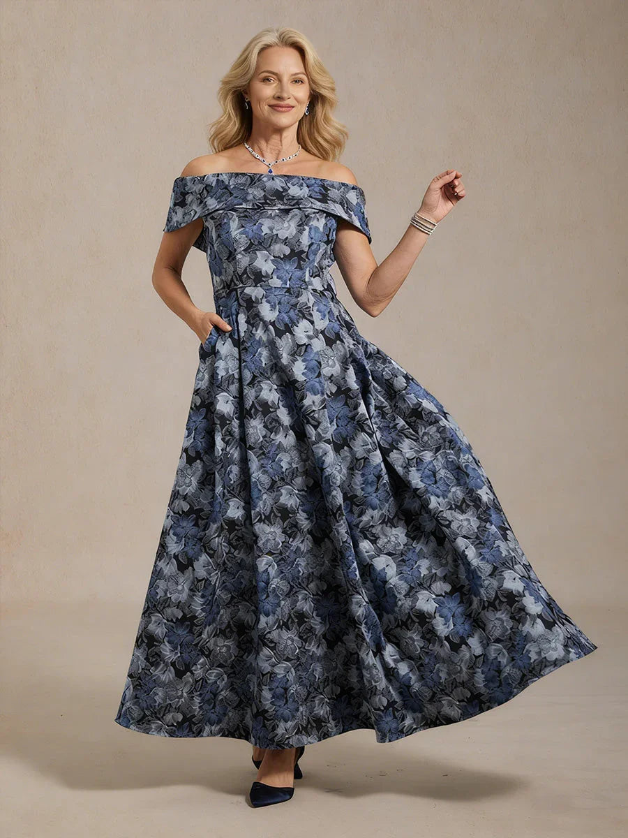 Off the Shoulder Metallic Floral Jacquard Ballgown
