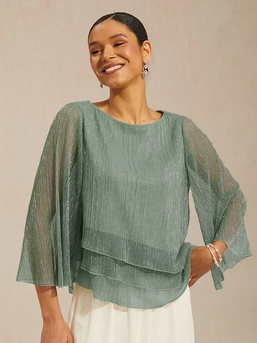 Metallic Pleated Chiffon Asymmetrical Layered Blouse