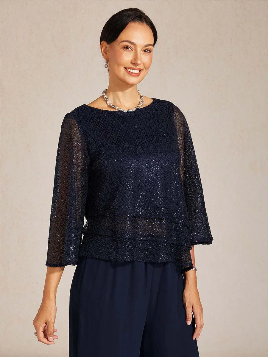 Haut Superposé en Mesh à Manches Cloche et Sequins
