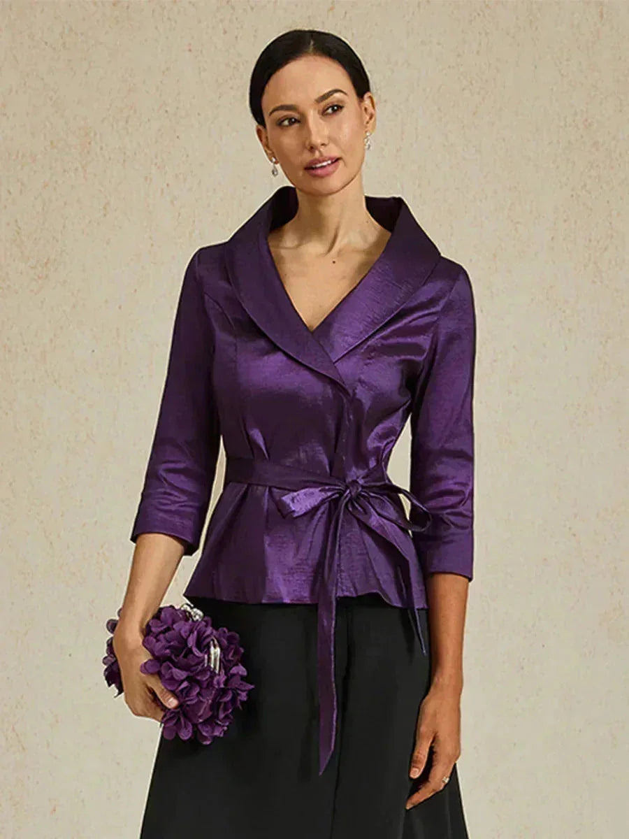 3/4 ermet stretch taftbluse med knytebelte i midjen