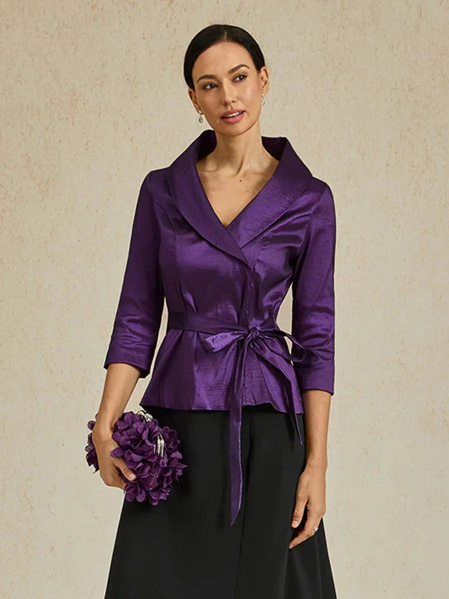 Bluse aus Stretch-Taft mit 3/4-Ärmeln und Bindedetail in der Taille