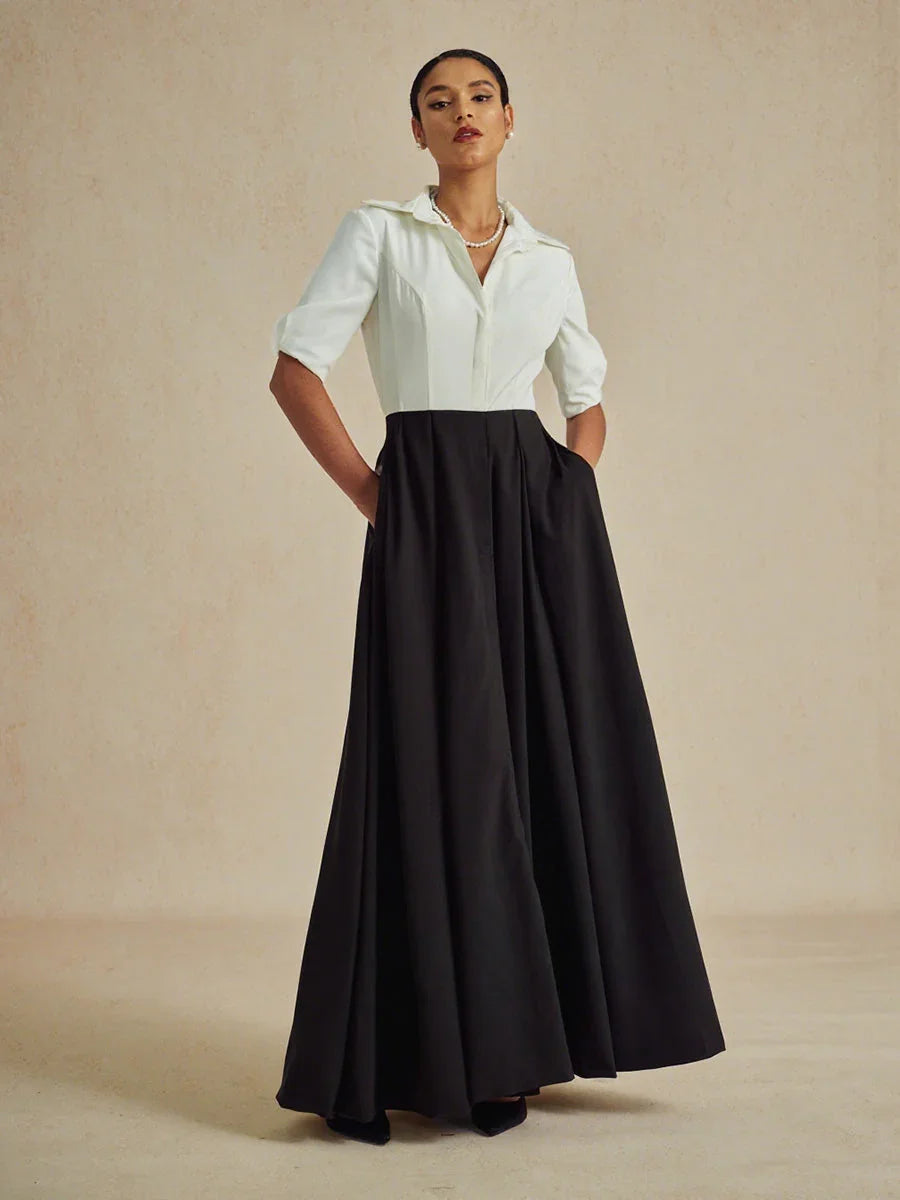 Schwarz-weißes Maxikleid mit Hemdkragen