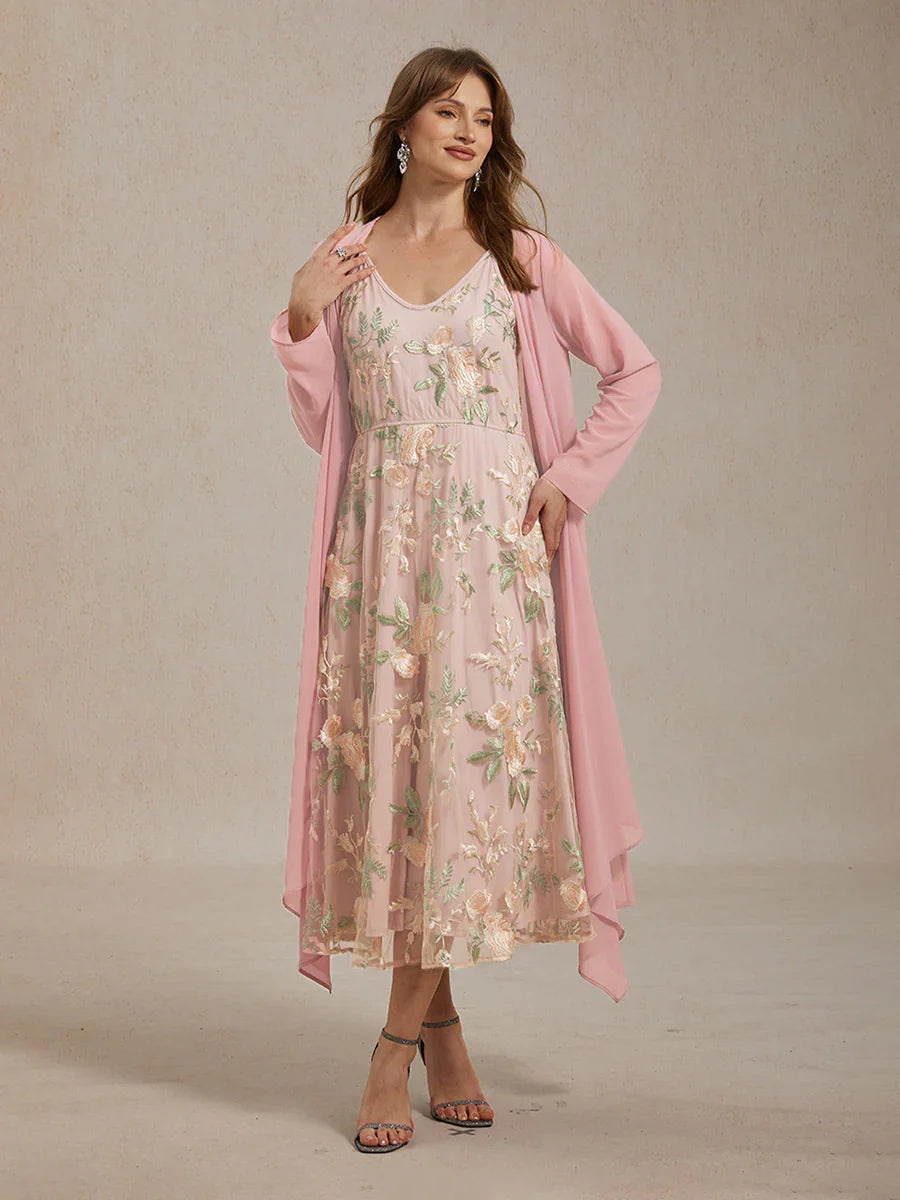 刺繡蕾絲雪紡連衣裙套裝