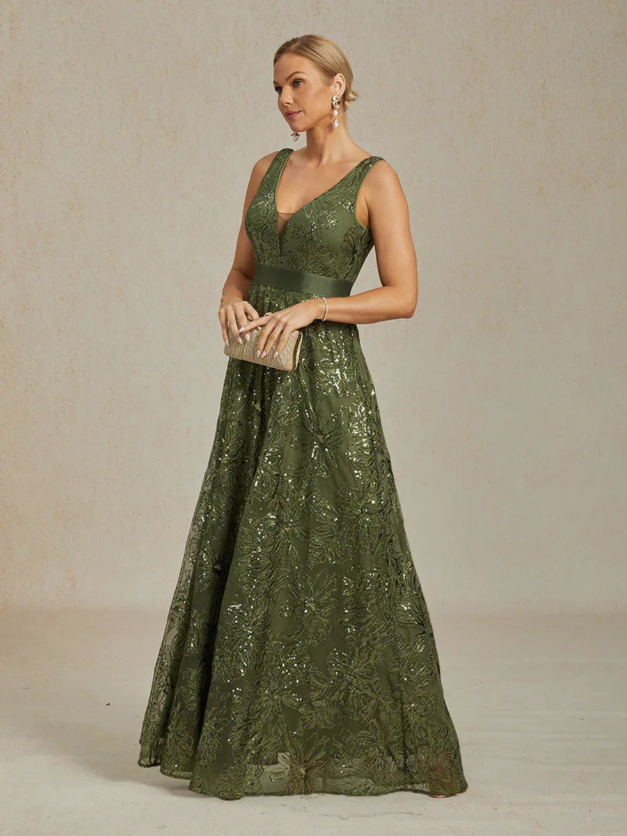 Floral Sequin Embroidered V-Neck Maxi Dress with Low Back  msglamor