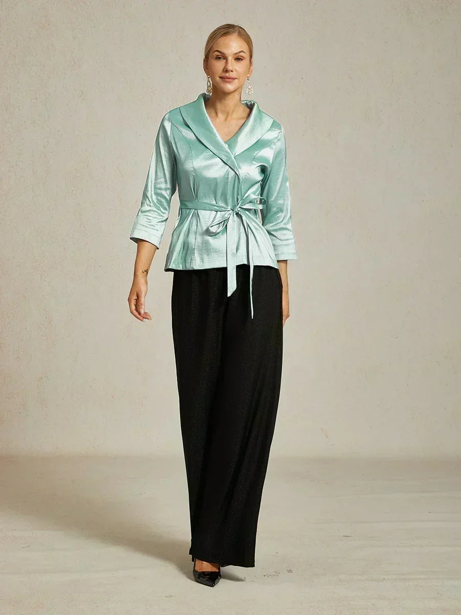 3/4 ermet stretch taftbluse med knytebelte i midjen