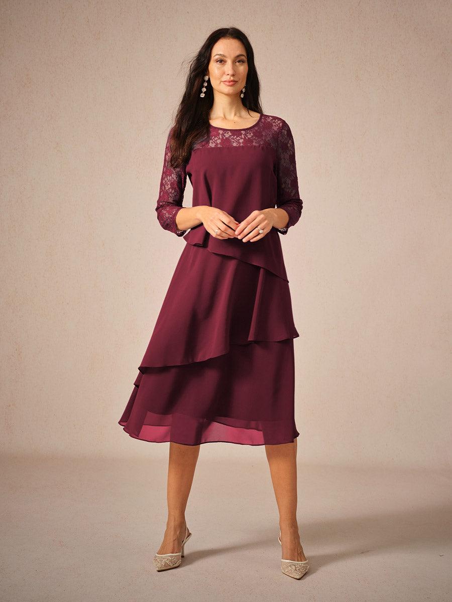 Spitzen-Chiffonkleid mit 3/4-Ärmeln