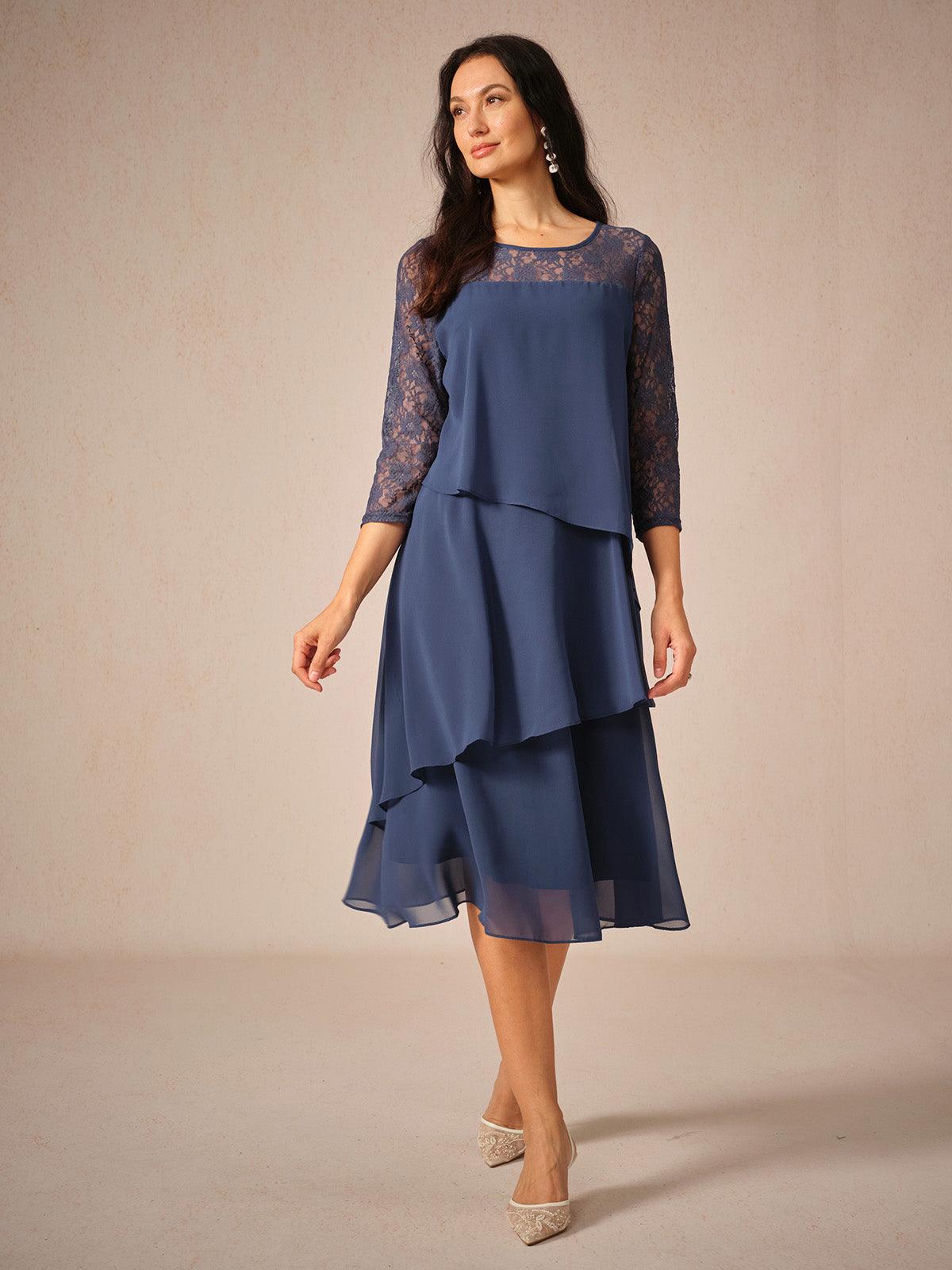 Spitzen-Chiffonkleid mit 3/4-Ärmeln