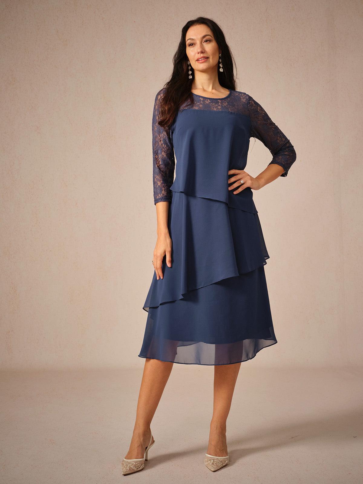 Spitzen-Chiffonkleid mit 3/4-Ärmeln