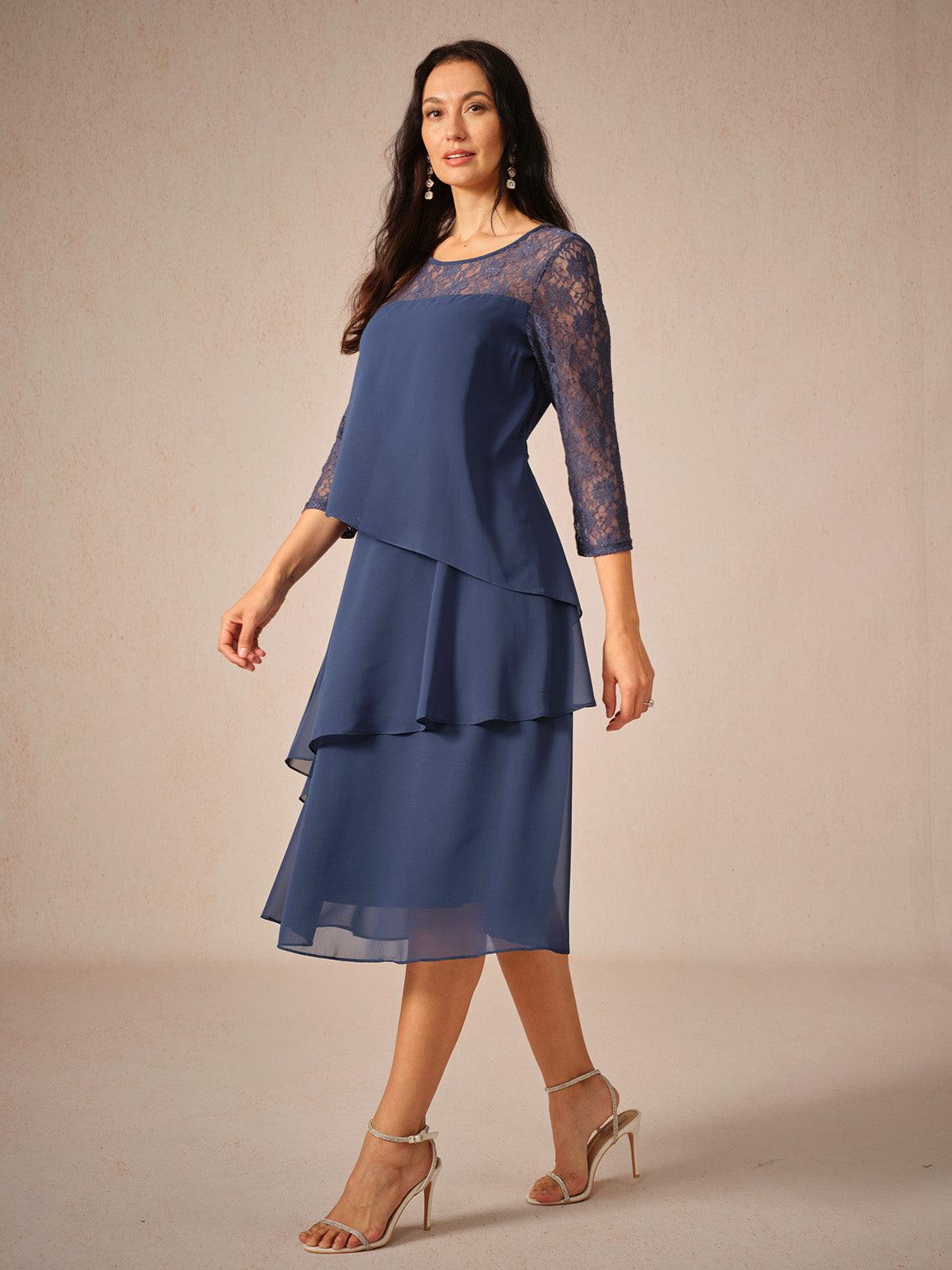 Spitzen-Chiffonkleid mit 3/4-Ärmeln
