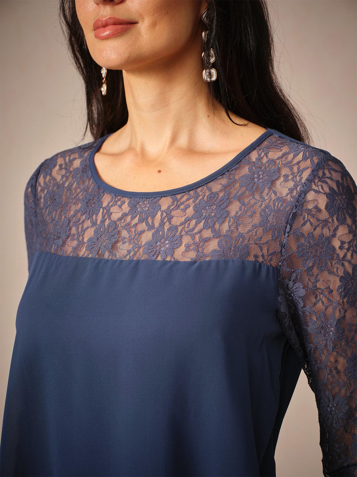 Spitzen-Chiffonkleid mit 3/4-Ärmeln