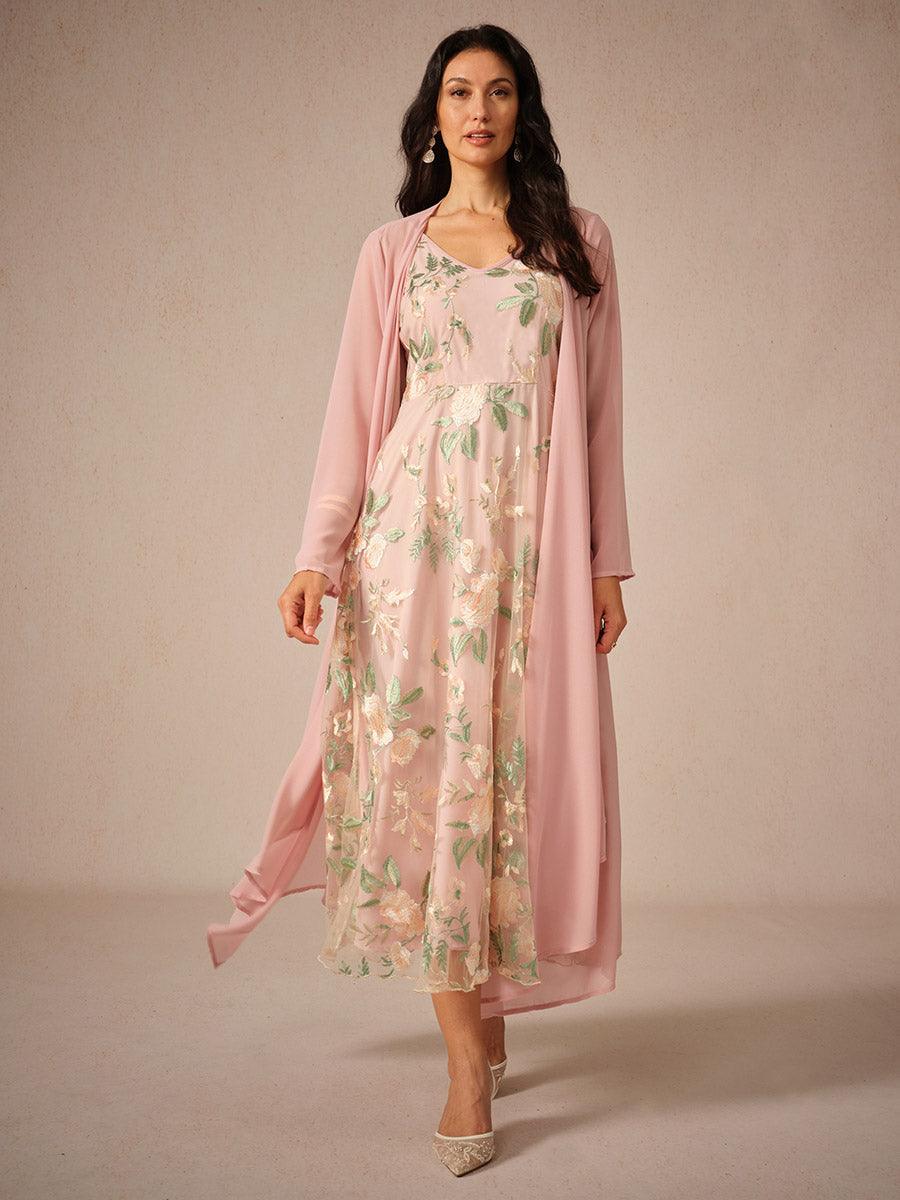 Ensemble robe en mousseline de soie et dentelle brodée