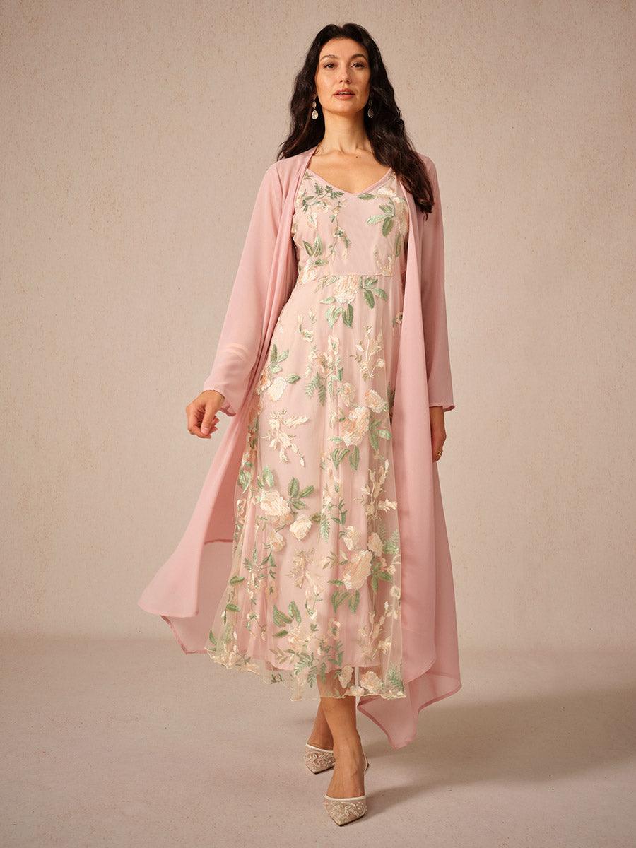 Ensemble robe en mousseline de soie et dentelle brodée