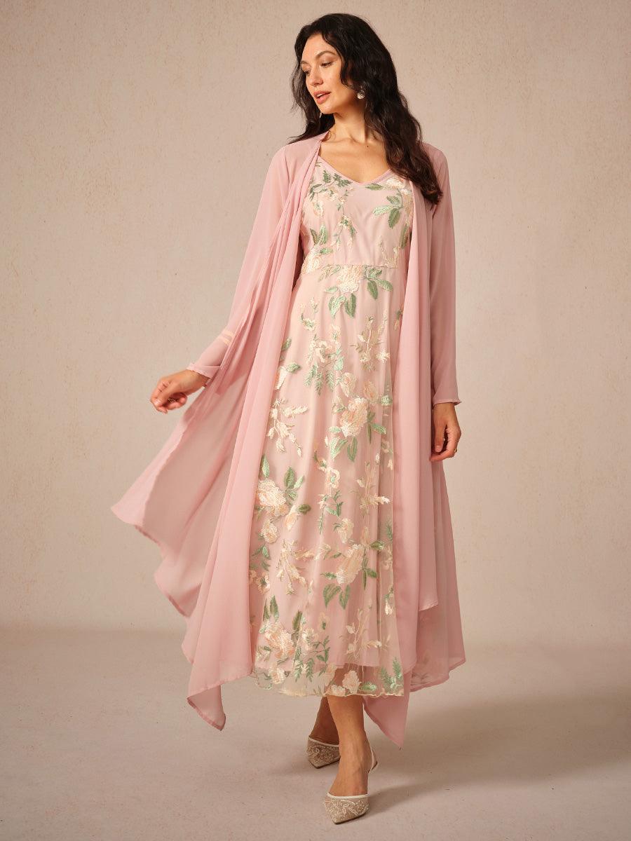 Ensemble robe en mousseline de soie et dentelle brodée