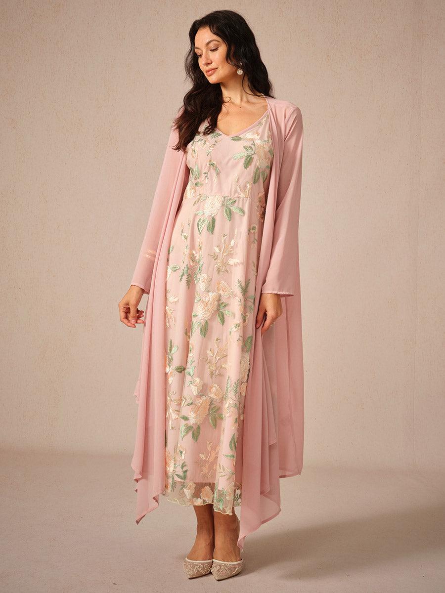 Ensemble robe en mousseline de soie et dentelle brodée