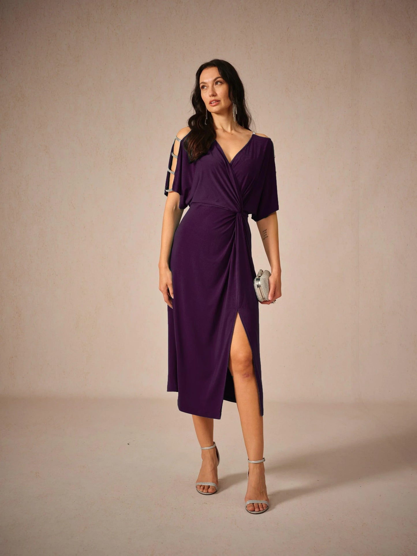 Stretch Knot Front Dress with Front Slit & Embellished Sleeve Cutouts