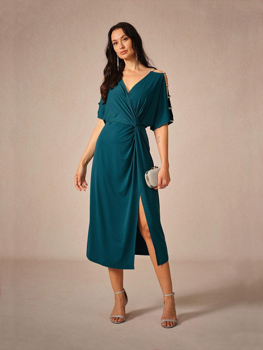 Stretch Knot Front Dress with Front Slit & Embellished Sleeve Cutouts