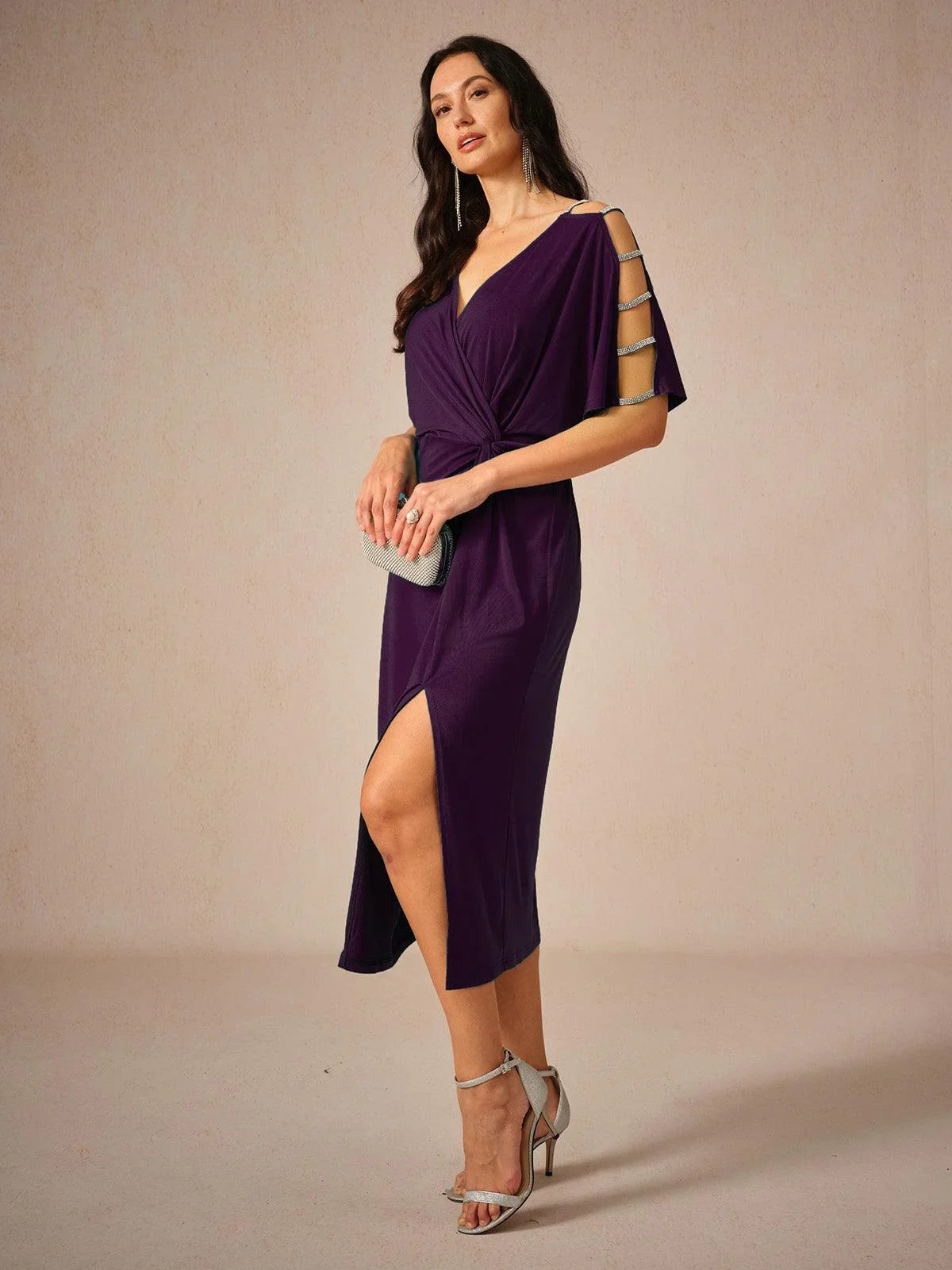 Stretch Knot Front Dress with Front Slit & Embellished Sleeve Cutouts