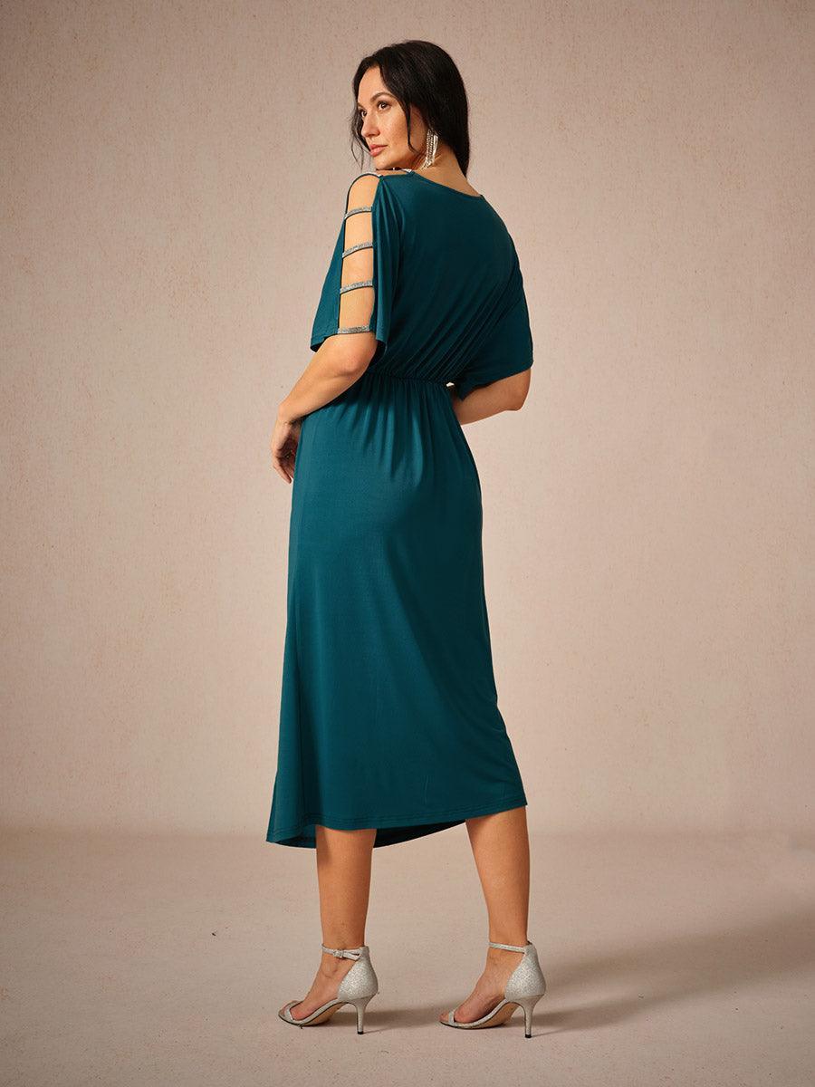 Stretch Knot Front Dress with Front Slit & Embellished Sleeve Cutouts