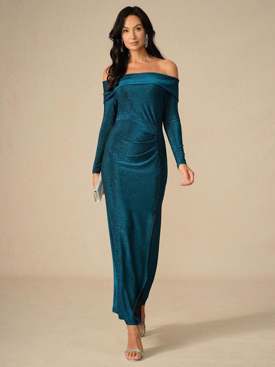 Elegant Teal Off-Shoulder Ruched Gown