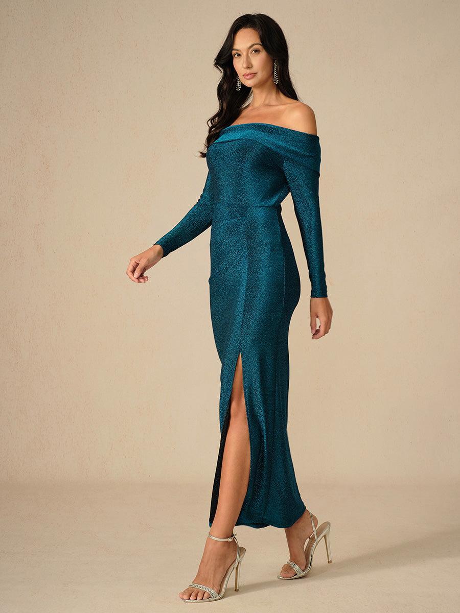 Elegant Teal Off-Shoulder Ruched Gown