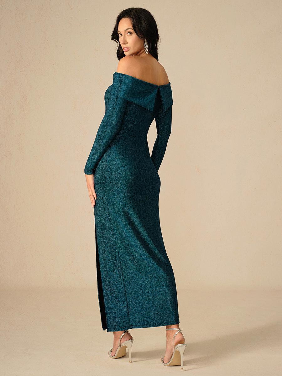 Elegant Teal Off-Shoulder Ruched Gown
