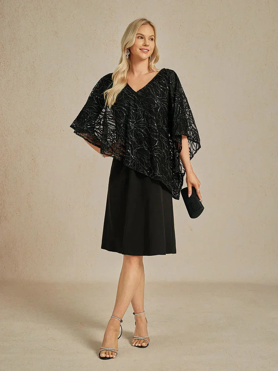 Robe superposée à paillettes, longueur genou, col en V