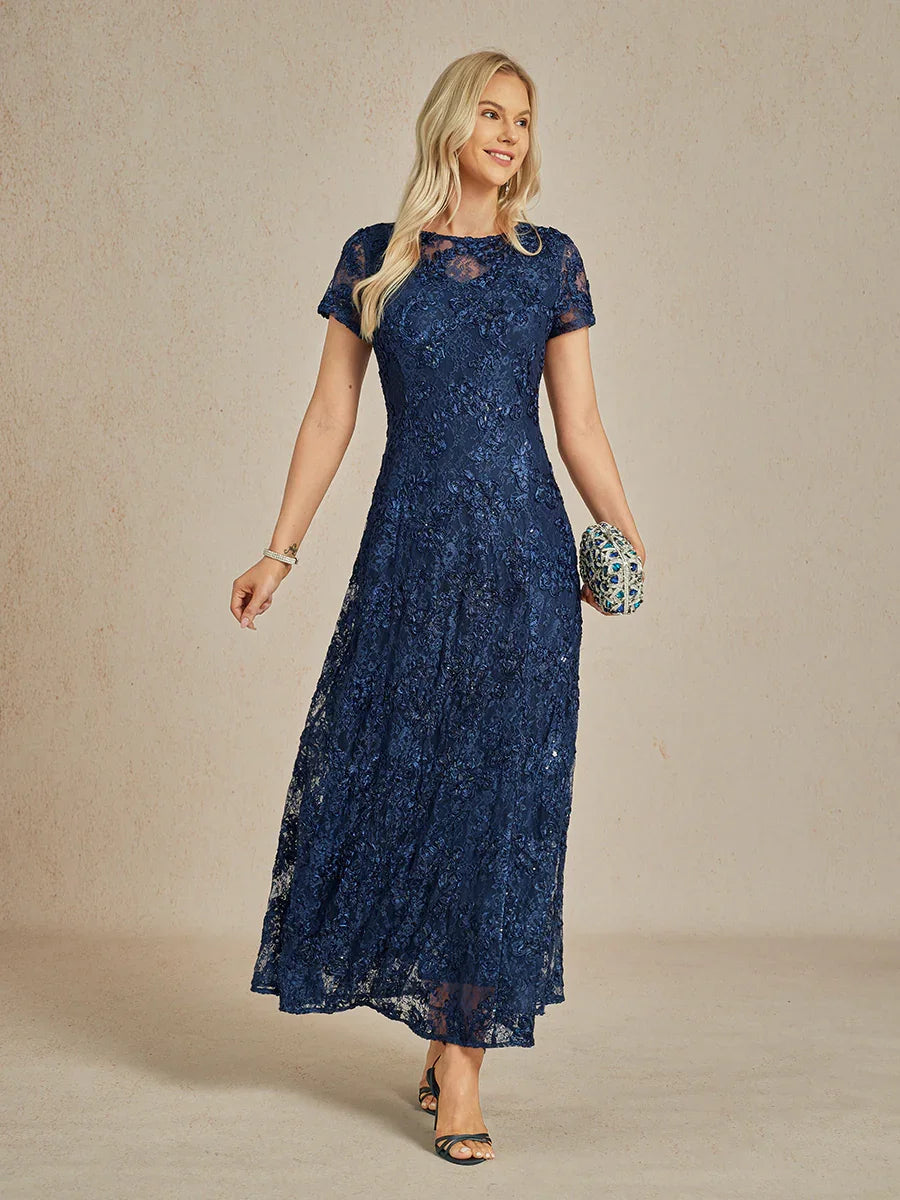 Robe trapèze en dentelle rosette ornée de paillettes
